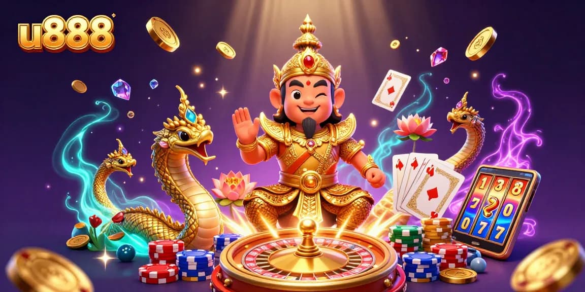 Win big at u888 with a dynamic illustration of golden coins, slot machines, and casino games.