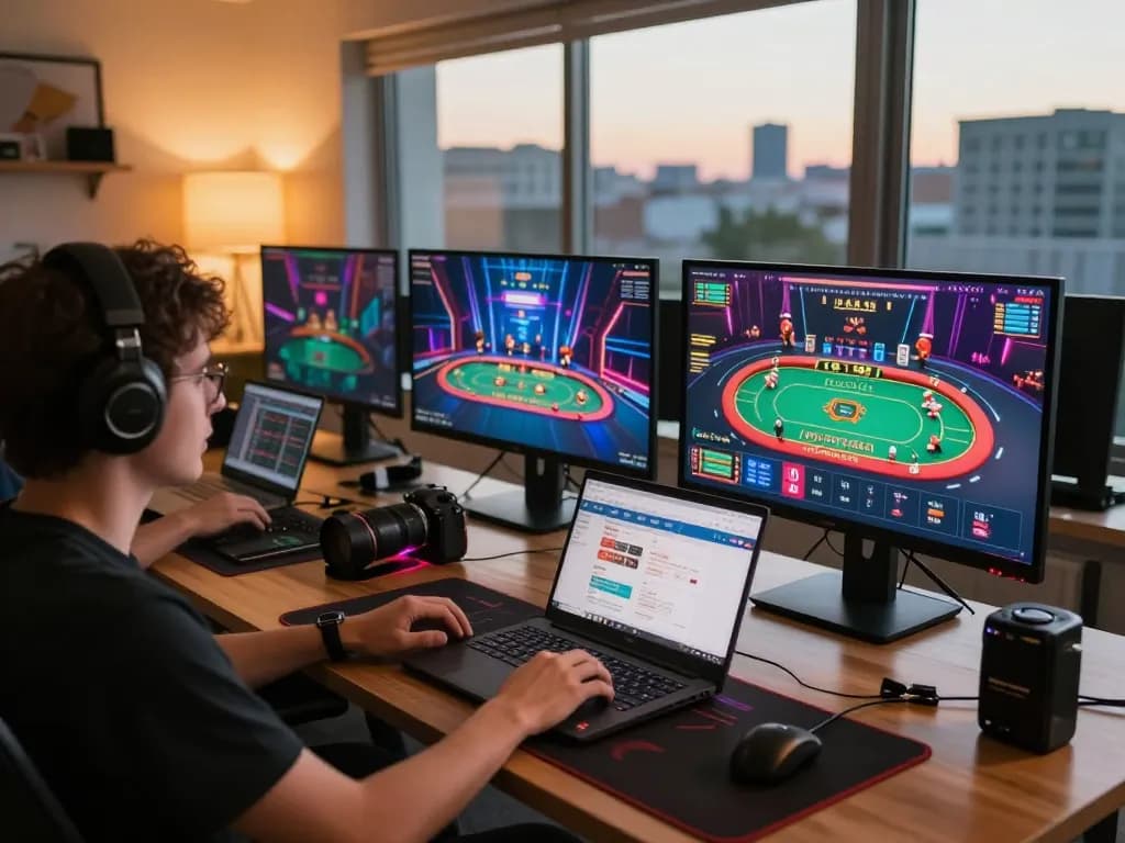 Player engaging with online casino games on okking1 app in a cozy home office.