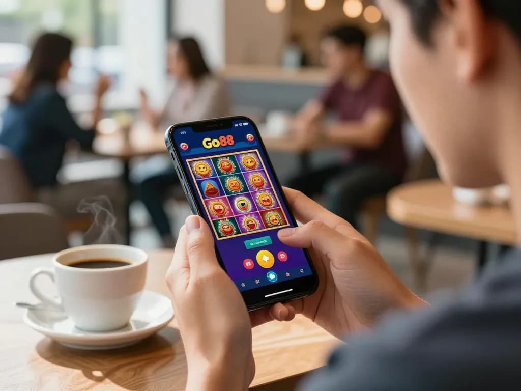 Engaging moment as users tải go88 on their smartphone while enjoying coffee, showcasing dynamic mobile casino gameplay.
