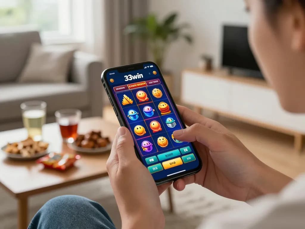 Player enjoying the 33win app for casino games in a cozy living room setting.