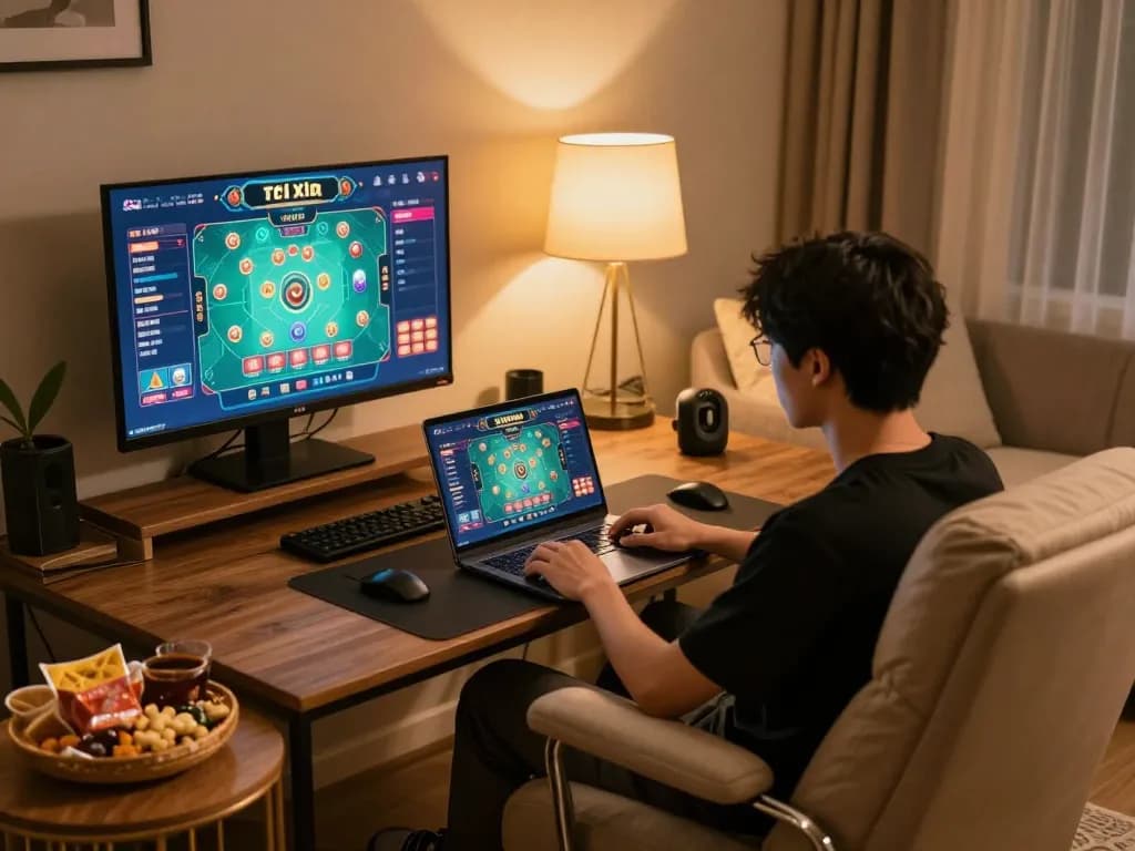 Tài Xỉu Sunwin gaming session in a cozy home environment with a dynamic online setup.
