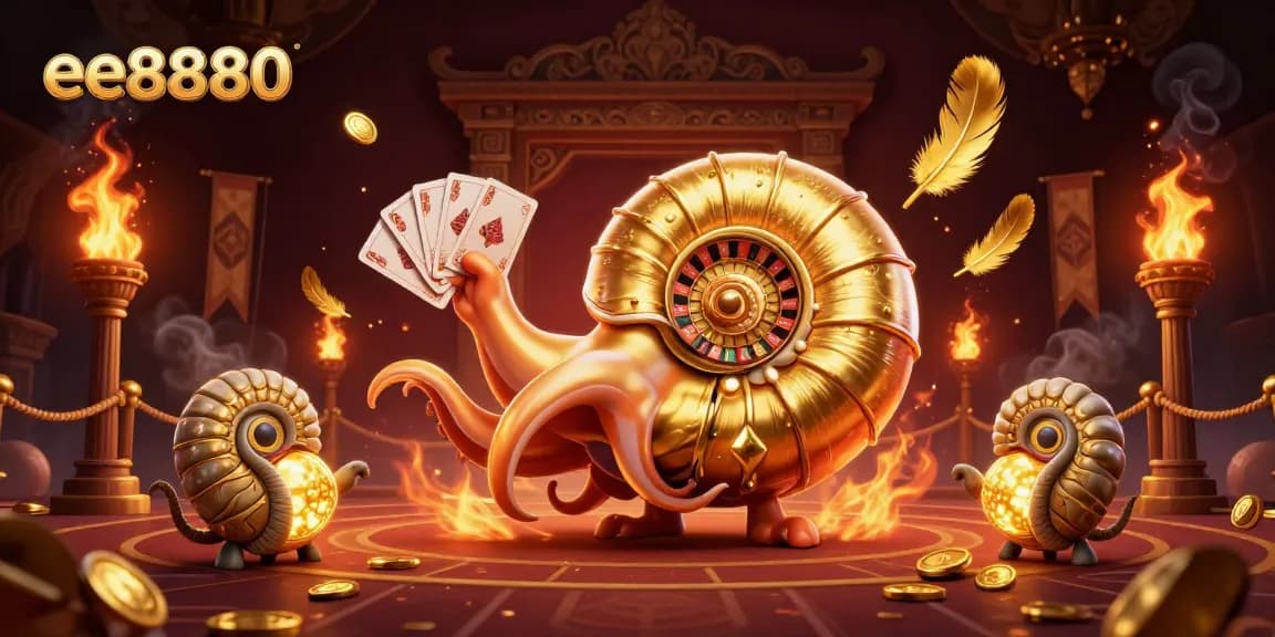 Spin the roulette wheel with ee8880's giant nautilus character in a lively casino scene filled with golden elements.