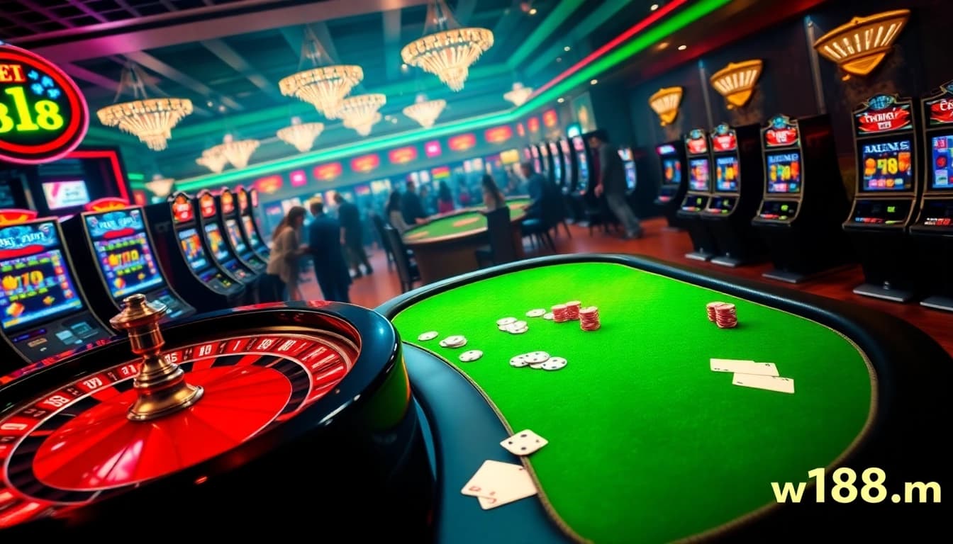 Experience the thrill of winning at w188.com with vibrant casino tables and spinning roulette wheels.