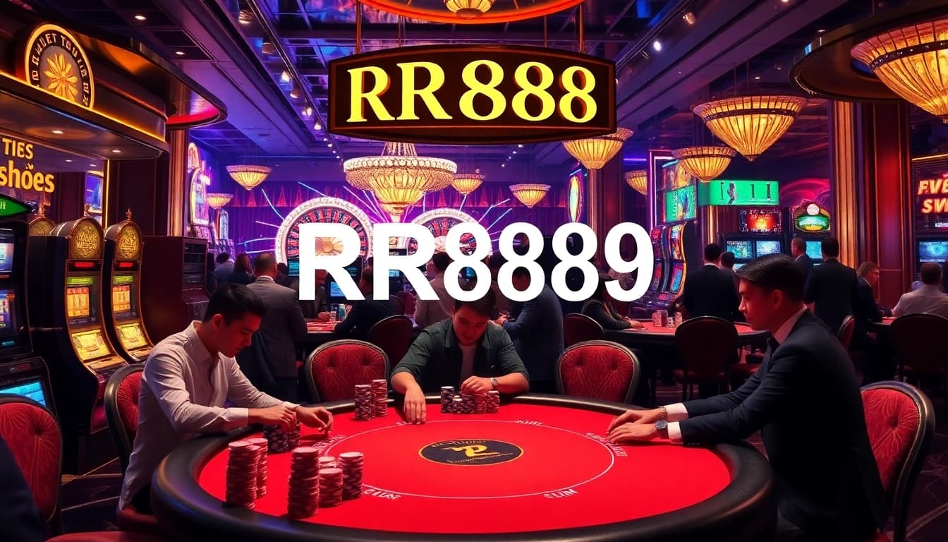 Exciting casino scene with players at a poker table and RR888 branding visible.