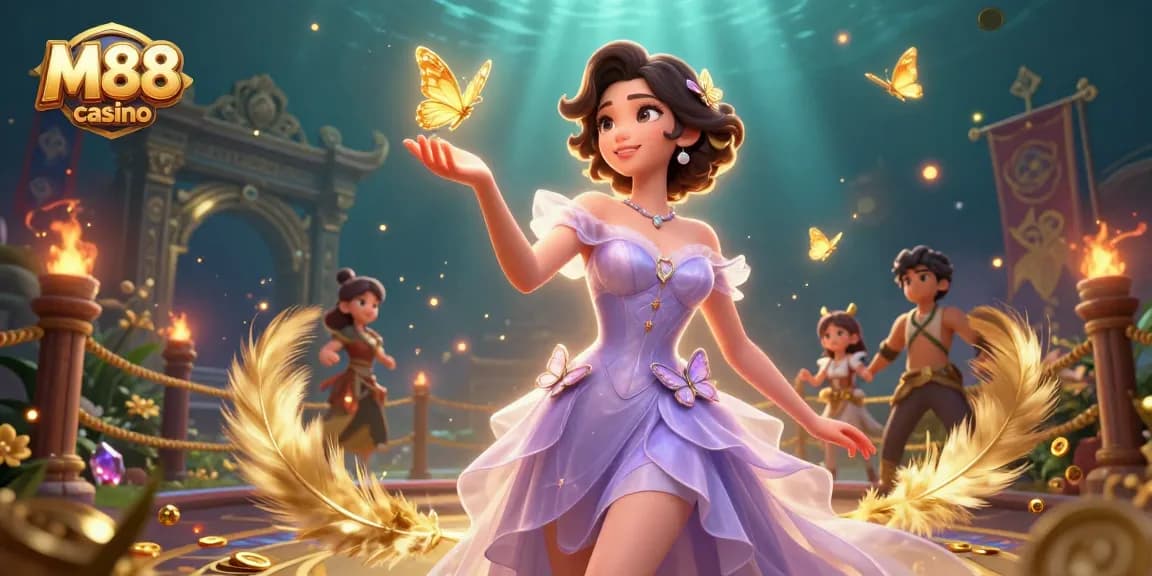 M88 casino offers exciting gameplay in a vibrant casino setting, featuring an Asian woman with golden butterflies and richly detailed elements.