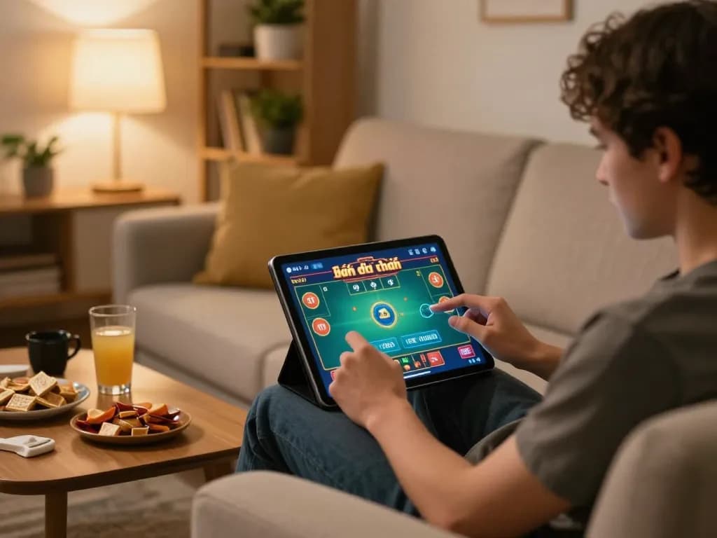 Engaging in game bài đổi thưởng on a tablet while relaxing at home.