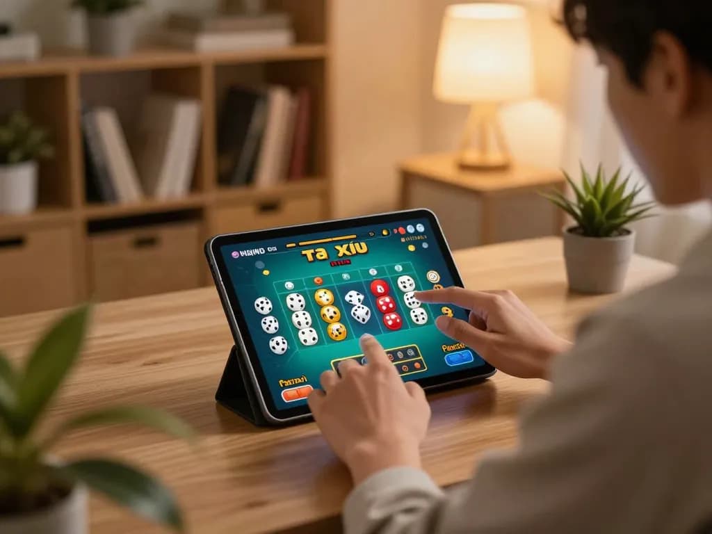 Engaging player immersing in Tài Xỉu online experience through a tablet in cozy home setting