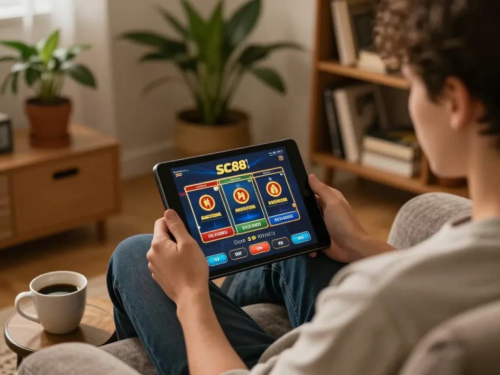 Experience SC88 BET gaming on a tablet in a cozy home environment, emphasizing strategic online gambling.