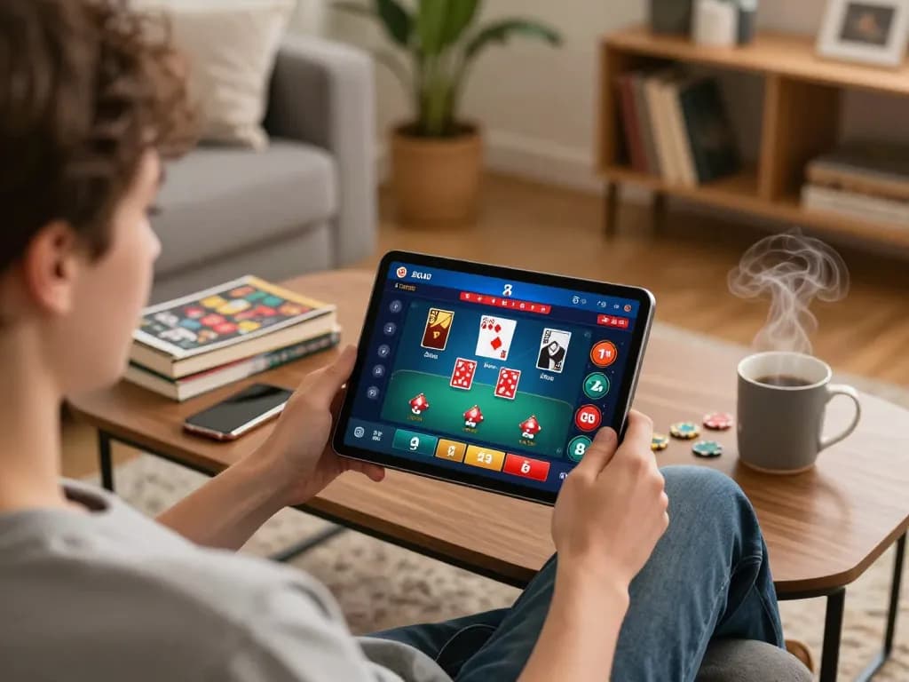 Player engaging in online gaming at home with the 23 win app interface visible, showcasing responsible gambling practices.