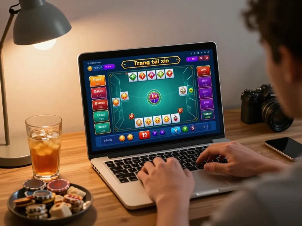 Engaging player immersed in Trang tài xỉu online gameplay on laptop with colorful interface