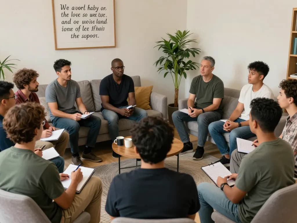 Engaged men sharing in a manclub support group, fostering connection and growth.