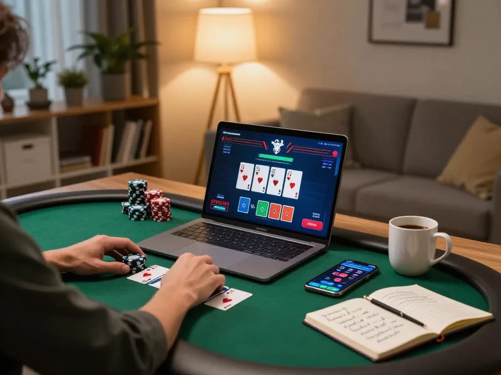 Engaging in a poker game on go88's online platform from a stylish home setup with warm lighting and strategy notes
