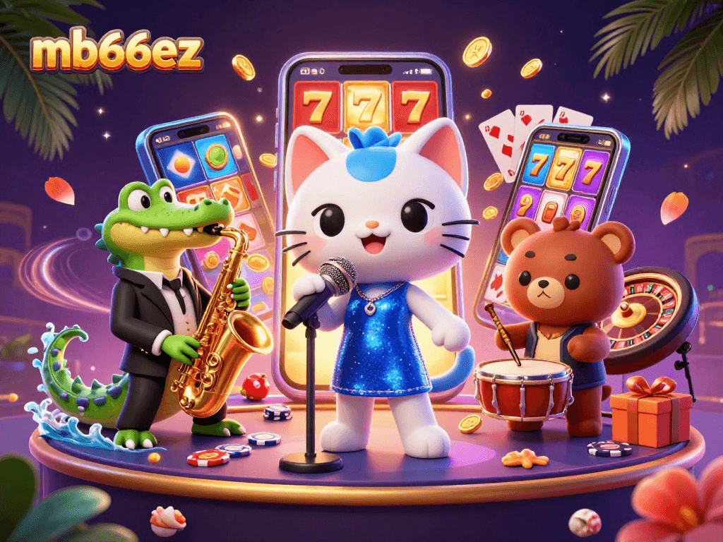 Hit big at mb66ez with vibrant 3D casino illustration featuring lively characters and exciting slot games.