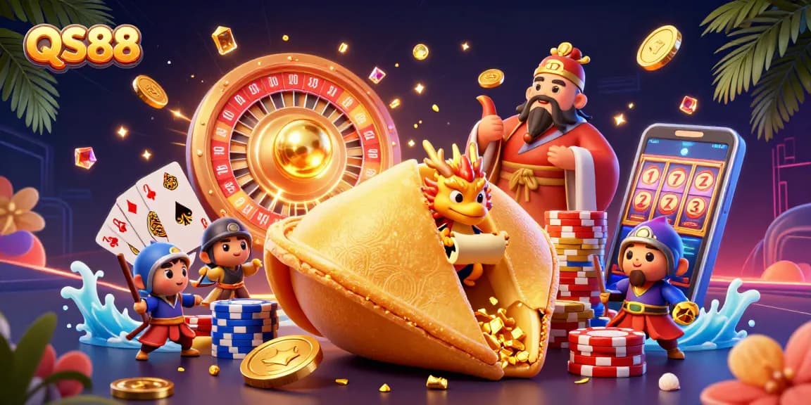 Experience winning moments at QS88, featuring a golden fortune cookie, dragon, and casino excitement.