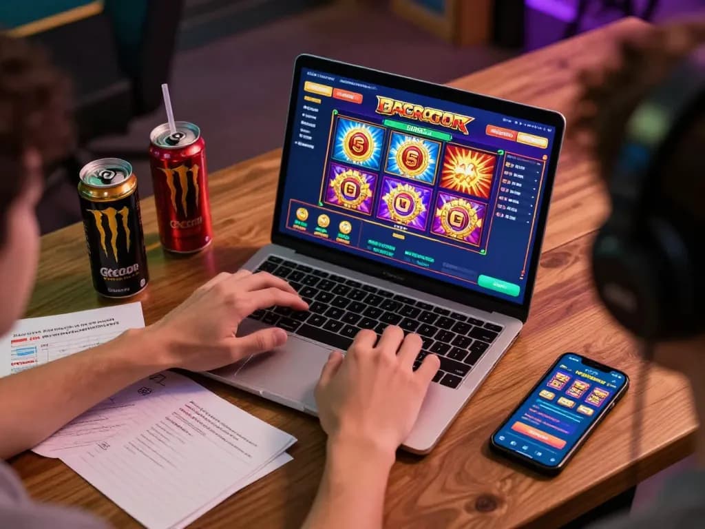 Engaged player focused on slot gacor gameplay on laptop with vibrant graphics.