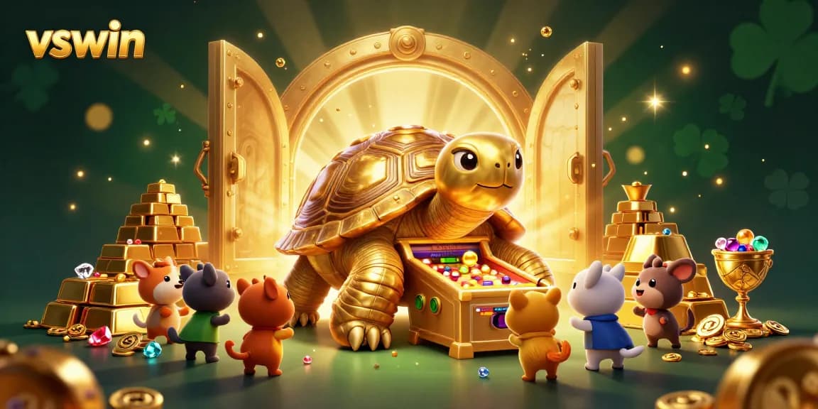 Experience excitement at vswin with a colossal golden tortoise pinball machine in a vibrant casino-themed scene.