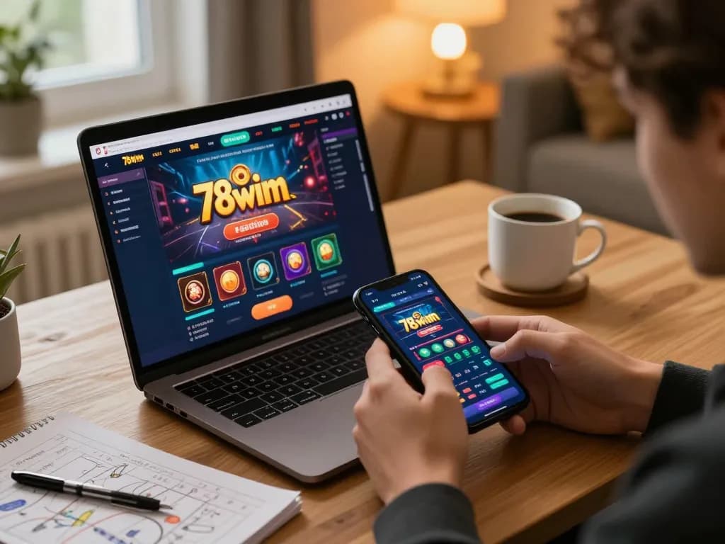 Engaging in 78wim online gambling with a laptop and smartphone in a cozy home setting.