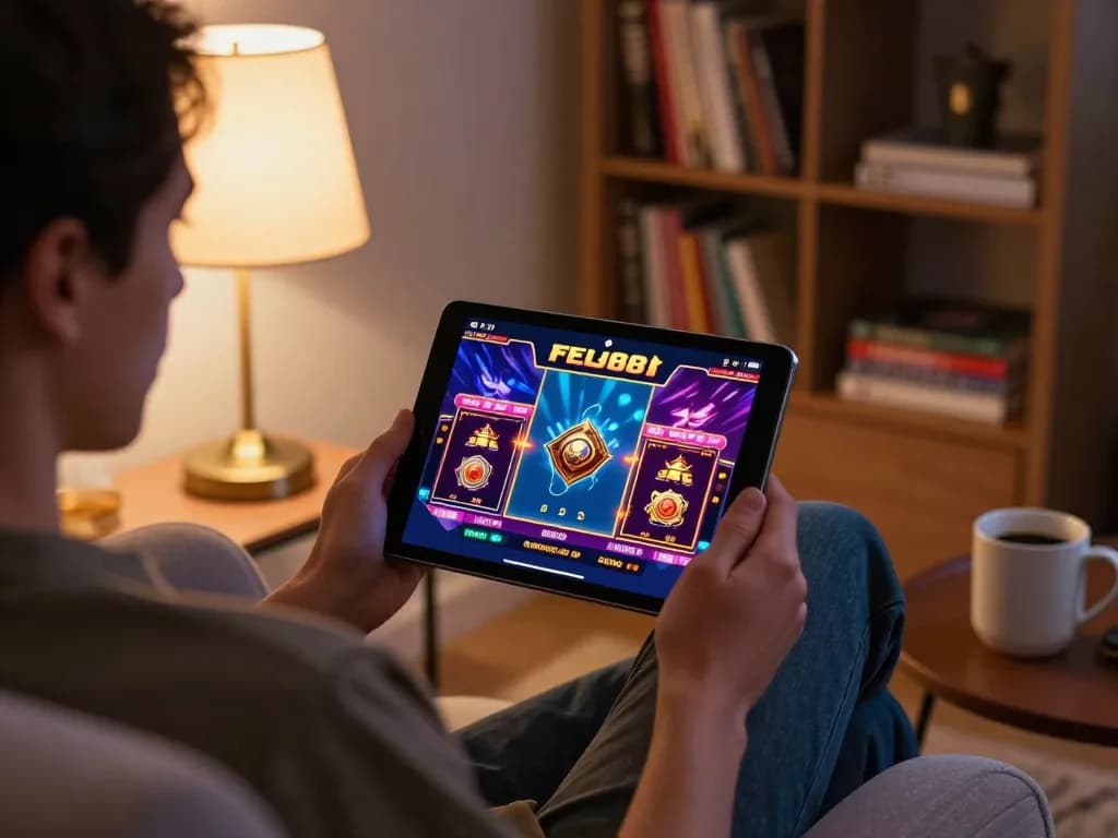 Engaging with the fly88 online casino interface on a tablet in a cozy home setup, blending entertainment and strategy.