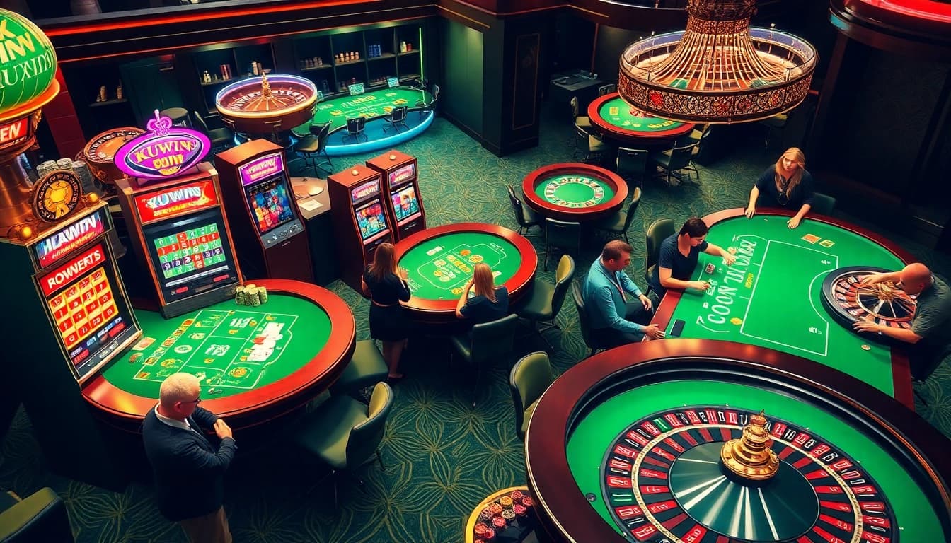Experience the excitement of KUWIN with players at a vibrant casino, gaming against the backdrop of luxury.
