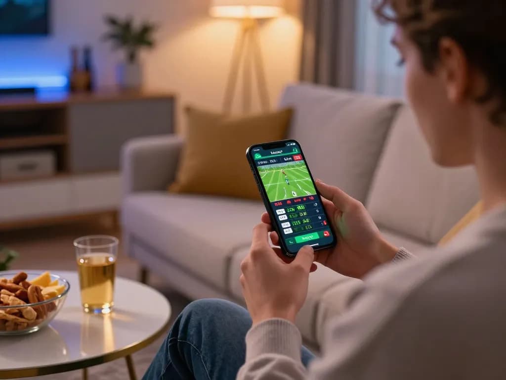 Kèo nhà cái hôm nay being analyzed by a user placing bets through a mobile app in a cozy home setting