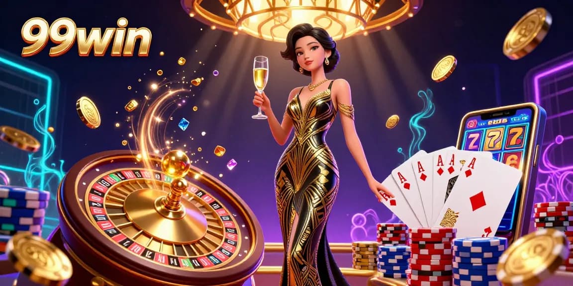 Experience excitement with 99win as golden coins cascade amidst a vibrant casino atmosphere.