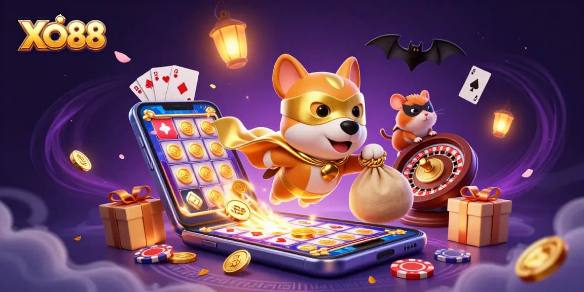 Engage in thrilling games at XO88 as a superhero dog brings joy and winnings to players.
