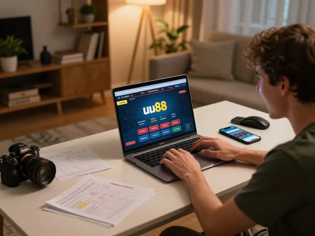 Engaging with online games at uu88, a player navigates the casino interface from home, showcasing responsible gaming.