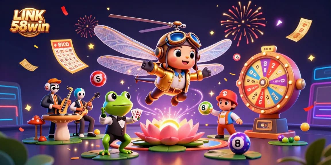 Engage with thrilling games at LINK 58win, where vibrant lottery magic unfolds amidst a festive casino scene.