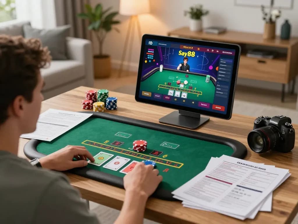 Engaging with Say88 online blackjack; a player enjoys live dealer action at home.