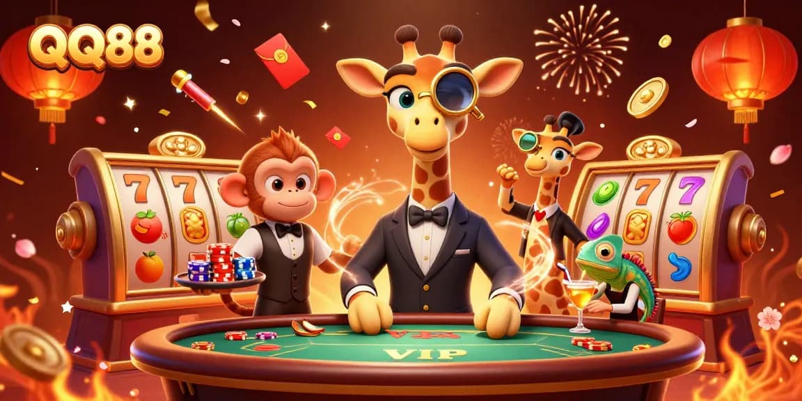 Experience the excitement of QQ88 with an ultra-detailed casino scene featuring animated characters and vibrant gambling elements.
