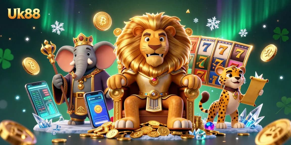 Engage with Uk88's thrilling animated casino universe featuring a lion king, elephant advisor, and cheetah messenger.