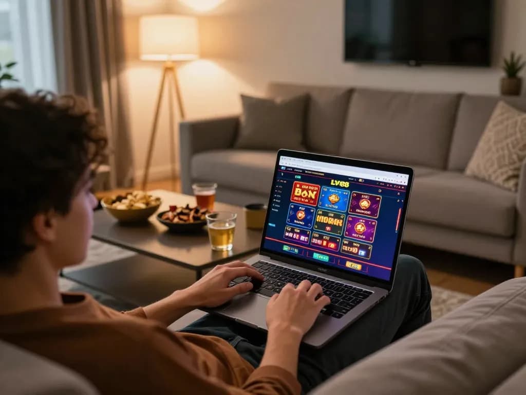 Player engaging with LV88 online casino on laptop in a cozy living room atmosphere.