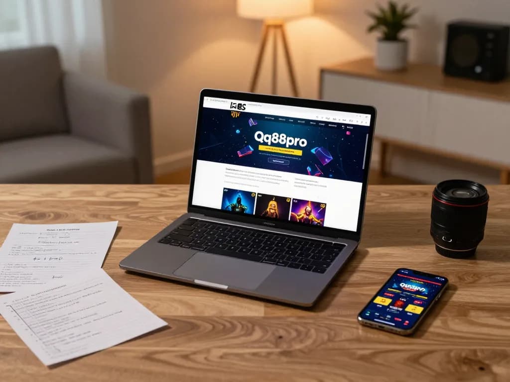 Engaging with qq88pro online casino game on a sleek laptop, surrounded by strategic notes and focused atmosphere.