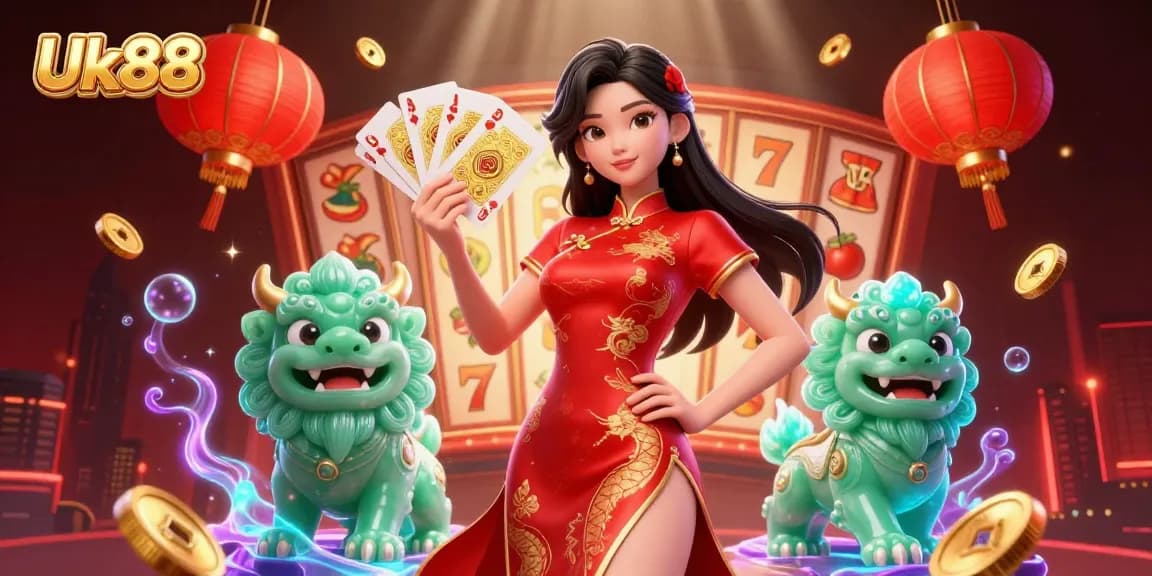 Experience excitement at Uk88 with a vibrant casino scene showcasing a woman in a qipao holding playing cards.