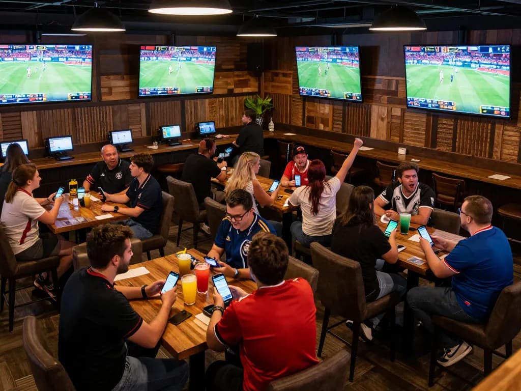 Fans engaging in sports betting at a vibrant bar while using 1gom apps to place bets on live games
