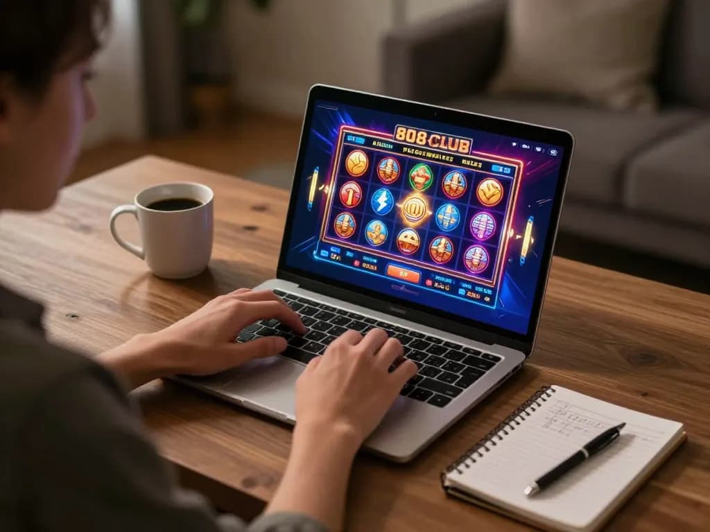 Enjoying a thrilling gaming session at the 808 club, where vibrant slot games come to life on a laptop, enhancing the online gambling experience.