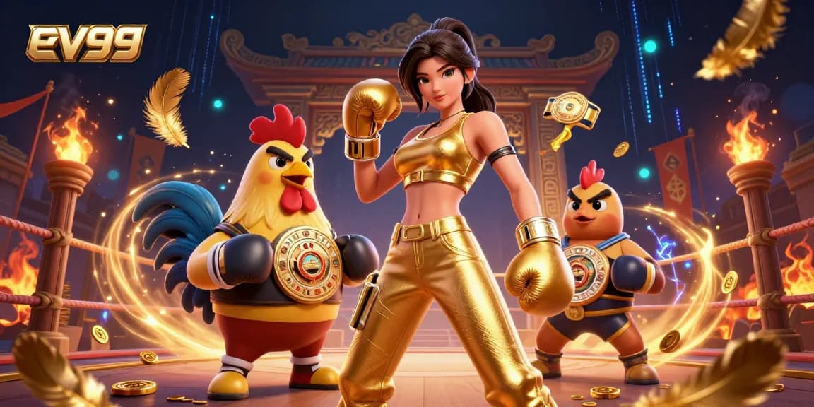 ev99 showcases a powerful woman and a championship rooster in a dynamic gambling scene with casino elements.