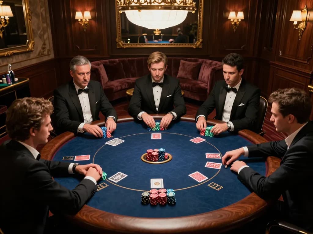 Competitive poker players strategizing at hitclub high-stakes table with vibrant chips and cards