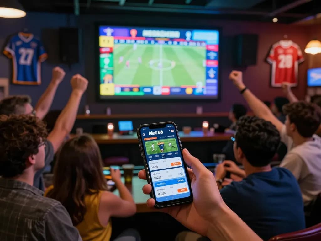 Betting on live sports with the Net88 app in a vibrant sports bar atmosphere