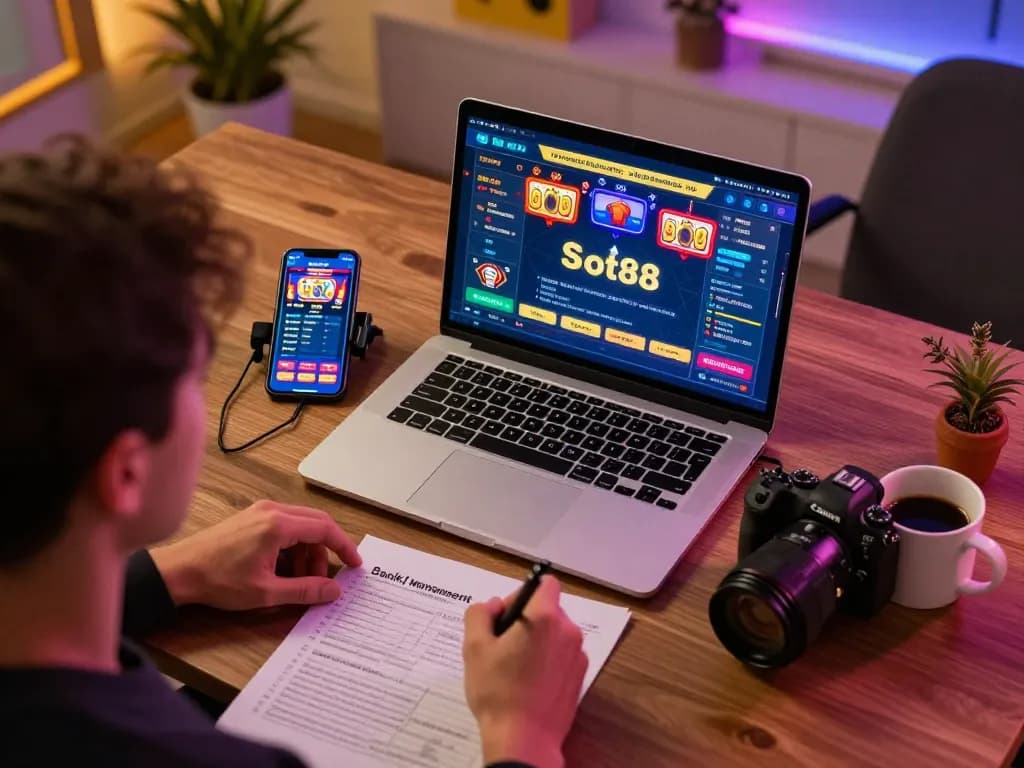 Engaging player enjoying slot88 online game at home with laptop and notes on bankroll management.