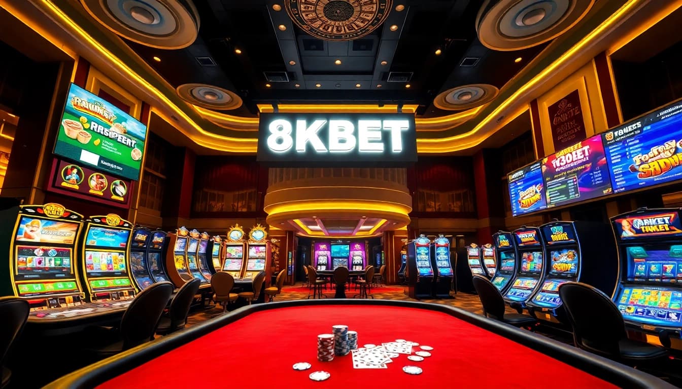 Engaging scene showcasing the excitement of Đăng ký 8KBET at a luxurious casino with vibrant gaming elements.
