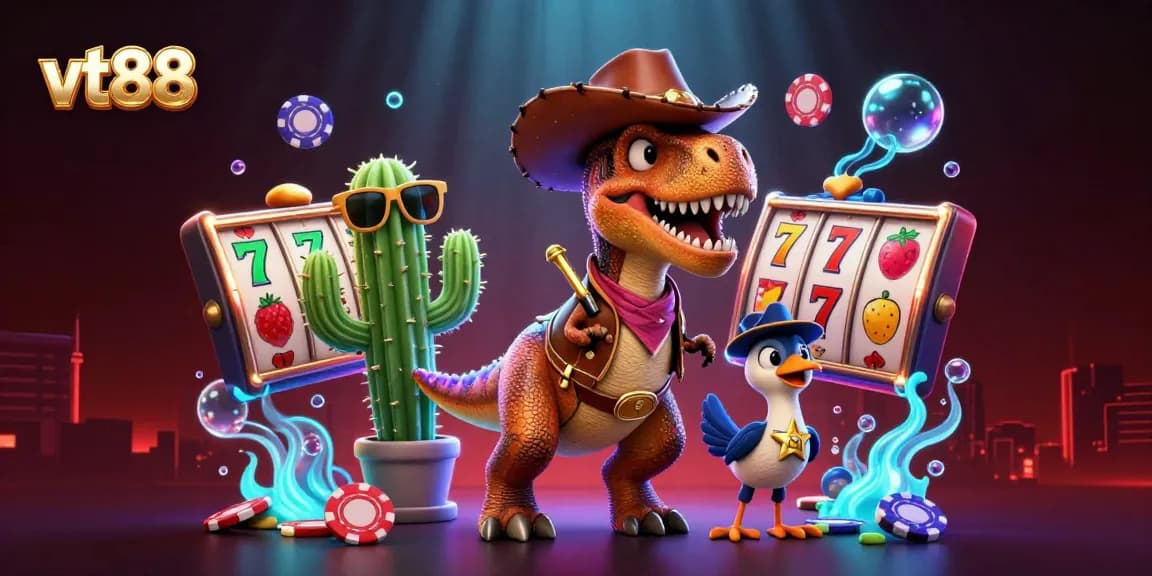 Experience the thrill of vt88 with this dynamic 3D scene showcasing cowboy characters amidst slots and poker elements.