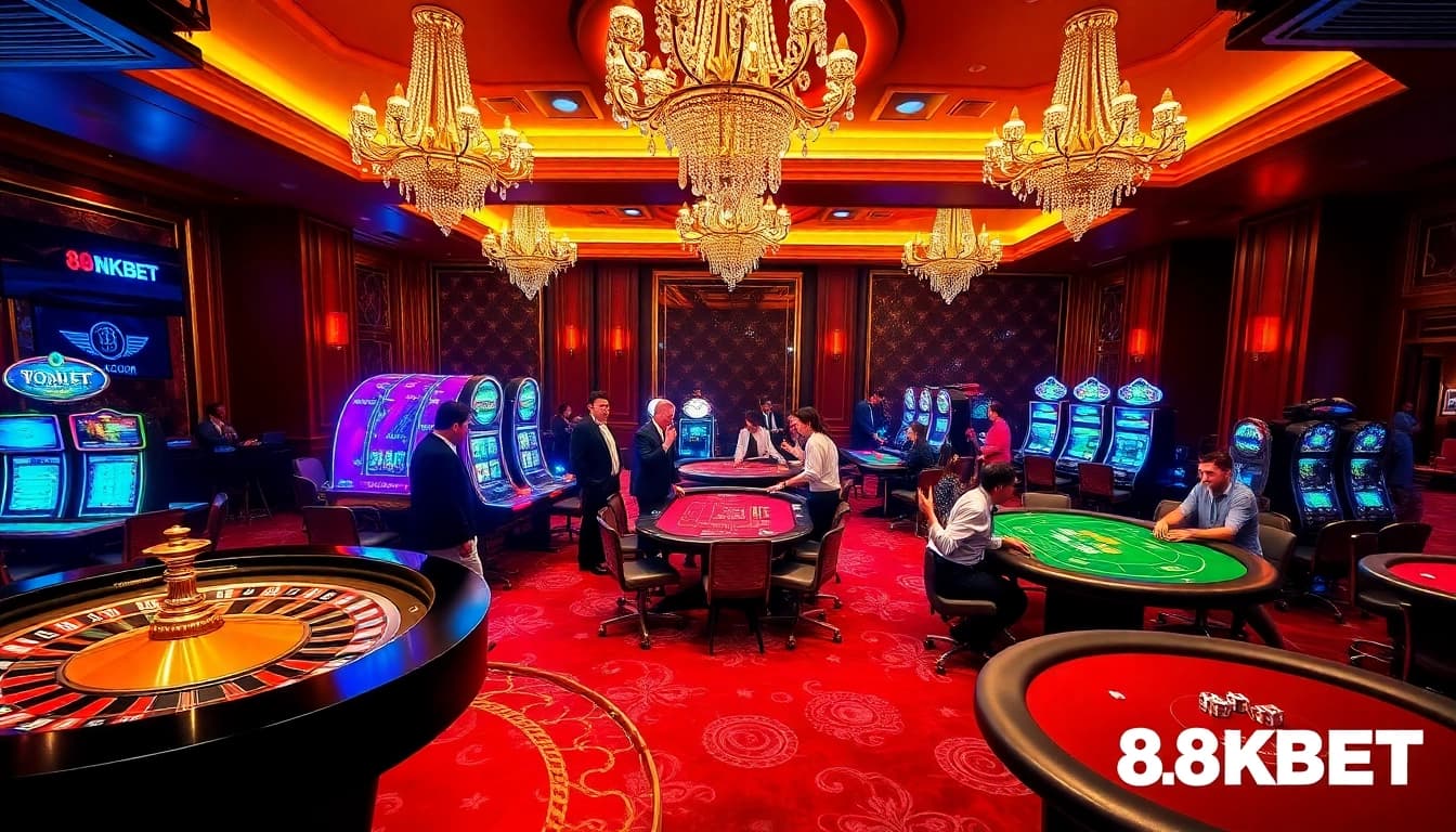 Experience the thrill of 8KBET with vibrant casino games, poker tables, and roulette wheels.