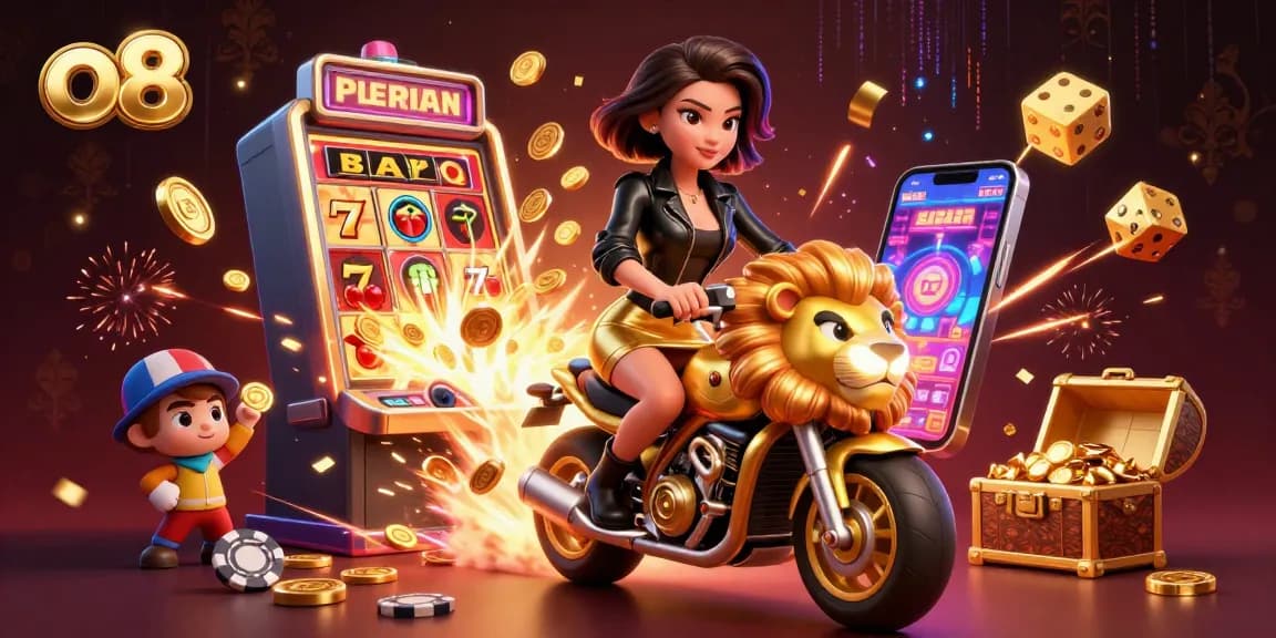 Experience thrilling gaming action with O8's golden mascot, dynamic jackpots, and vibrant casino elements.