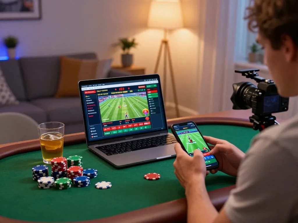 Betting from home at https://go8.agency/ with a smartphone and laptop, showcasing a dynamic sports betting experience.