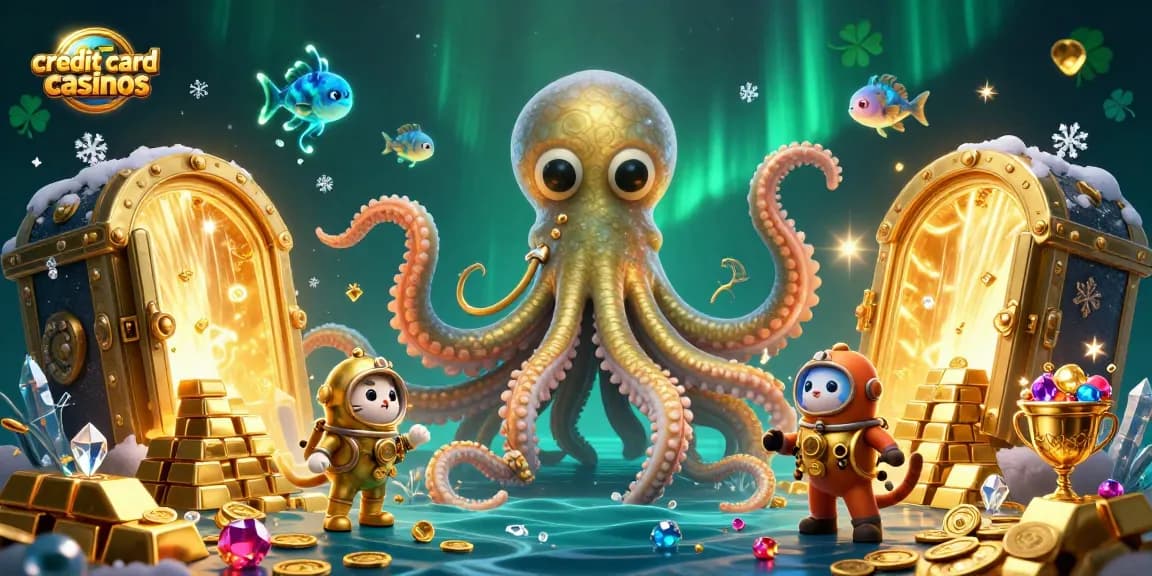 Experience the thrill of credit card casinos with a scene featuring a colossal kraken, diving cat, and shimmering treasures.