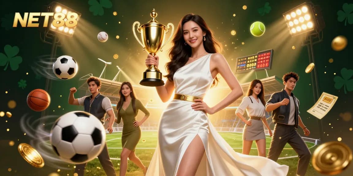 Experience NET88 with an Asian woman triumphantly holding a trophy amid dynamic sports betting elements.