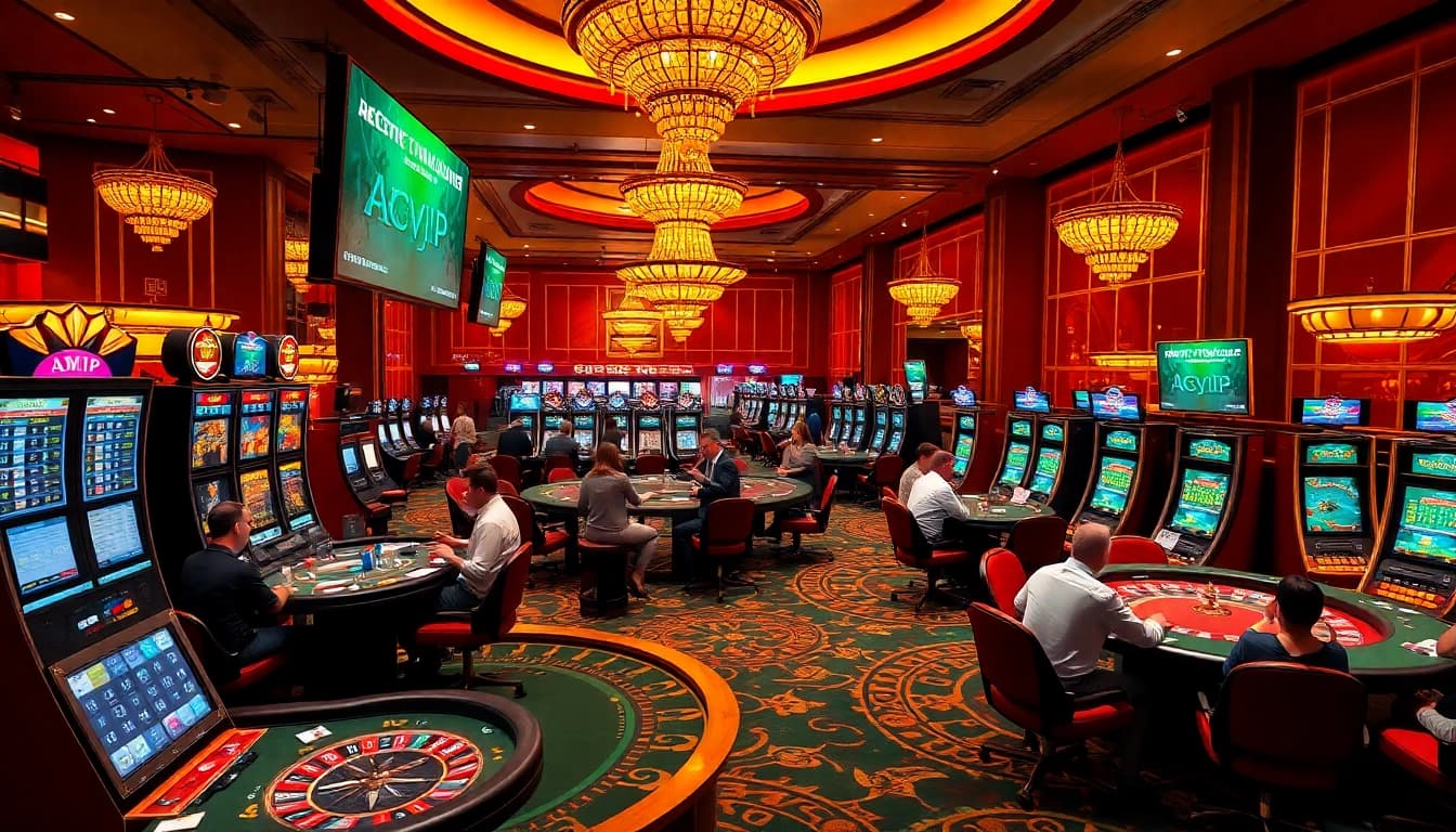 Players enjoying immersive experiences at ABCVIP casino, featuring poker tables and slot machines.