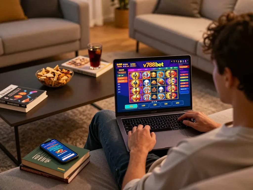 Engaging with v788 bet on a laptop in a cozy home setting with strategy books and snacks nearby.