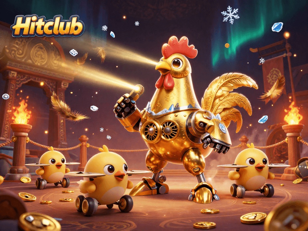 Experience thrilling gameplay at Hitclub with vibrant casino-inspired 3D artwork featuring a golden rooster robot.